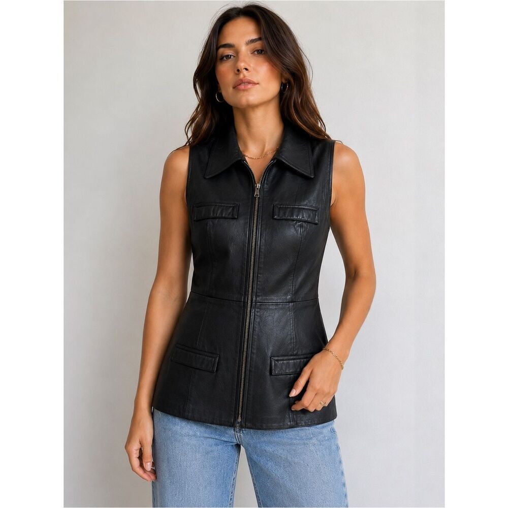 Vintage Marquis Black Leather Zip Front Moto Vest Canada Made Size 8